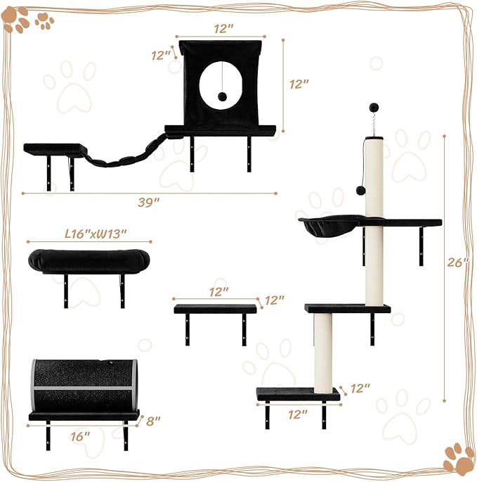 NUNU LAB Wall Mounted Cat Furniture, 7 Pcs Cat Wall Shelves with House, Tunnel, Bridge, Steps, Scratcher, Hammock, Bed, Indoor Safe & Stable Furniture for Kittens Play, Black-Mewly Pet