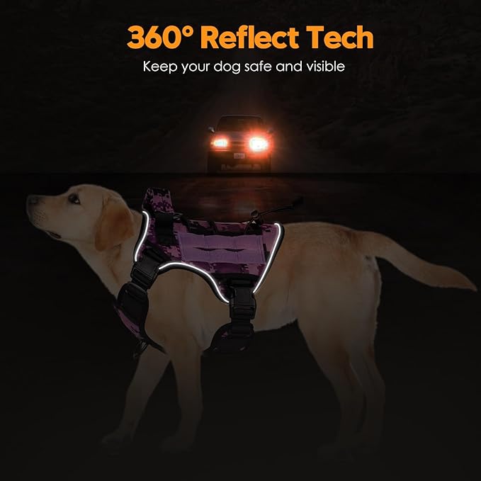 Heavy-Duty Tactical Dog Harness for Large Dogs, No Pull Adjustable Reflective Pet Vest with Molle System, K9 Military-Grade Control for Service Training, Outdoor & 10+ Breeds, Purple Camo, Small-Mewly Pet