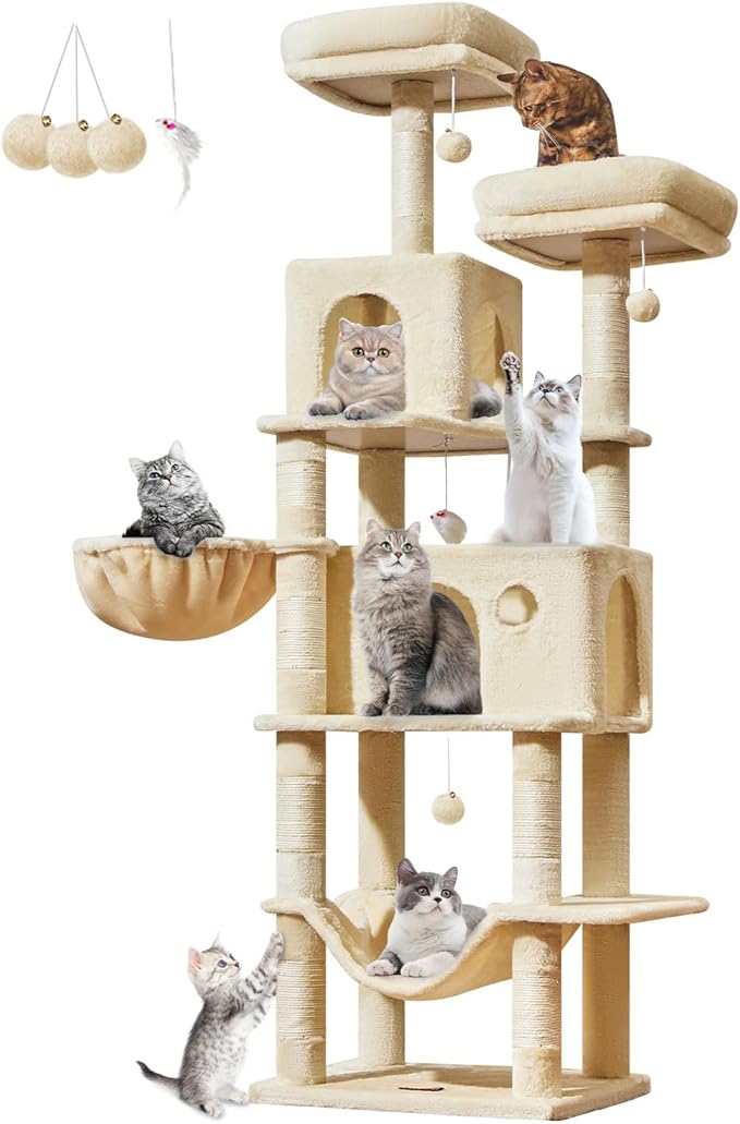 Taoqimiao Large Cat Tree，73-Inch Cat Tree Tower with 9 Scratching Posts for Indoor Cats, 2 Large Cat Condo with Hammock, Hanging Basket, 2 Extended Platform, Beige MS013XLM-Mewly Pet