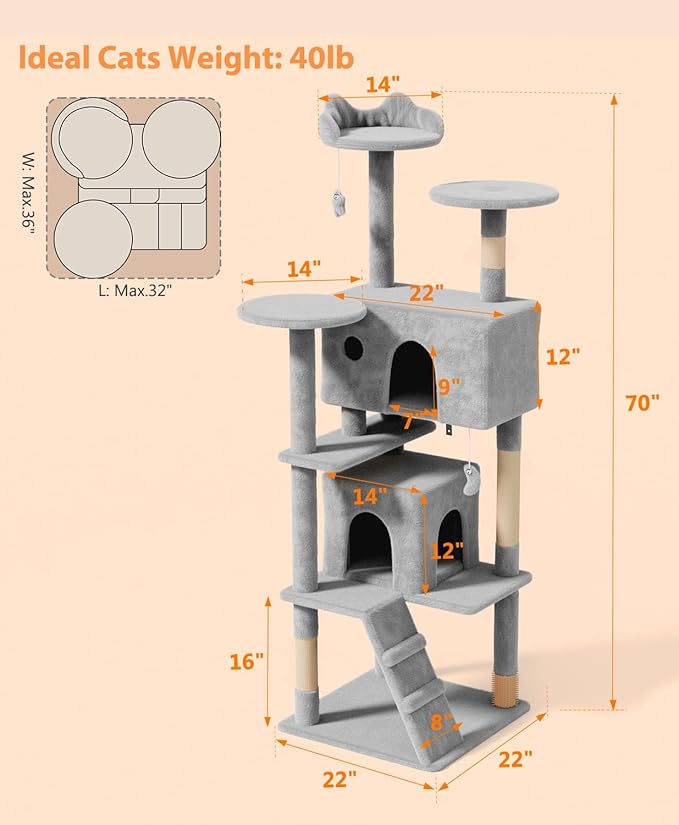 70'' Cat tree Tower for Indoor Cats Large Adult,Cute/Tall Modern Cat Tree for Big Cats 20 lbs,Plush Multi-Level Cat Condo with Scratching Posts,Dangling Ball for fun play(Light Gray, 70 inch)-Mewly Pet