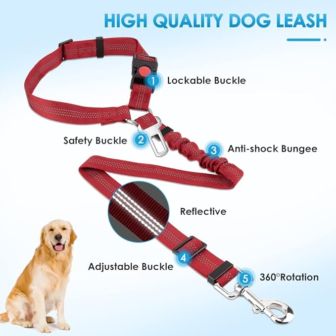 SlowTon Dog Seat Belt for Car, 2 Pack Dog Car Harness Seatbelt Adjustable with Elastic Bungee Buffer, 2 in 1 Pet Car Leash Headrest Restraint Dog Reflective Safety Tether (Red, Headrest+Clip)-Mewly Pet