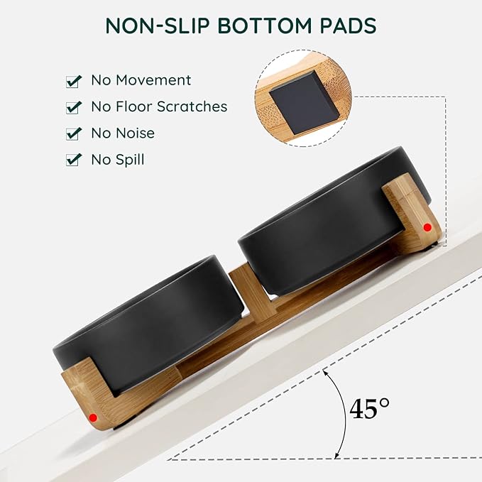 SPUNKYJUNKY Ceramic Dog and Cat Bowl Set with Wooden Stand, Modern Cute Weighted Food Water Set for Small Size Dogs (13.5OZ) & Medium Sized Dogs (28.7OZ) & Cats (1.7 Cups, 2 × Black)-Mewly Pet