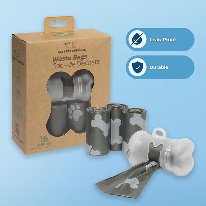 Best Pet Supplies Dog Poop Bags (240 Bags) for Waste Refuse Cleanup, Doggy Roll Replacements for Outdoor Puppy Walking and Travel, Leak Proof and Tear Resistant, Thick Plastic - Gray-Mewly Pet
