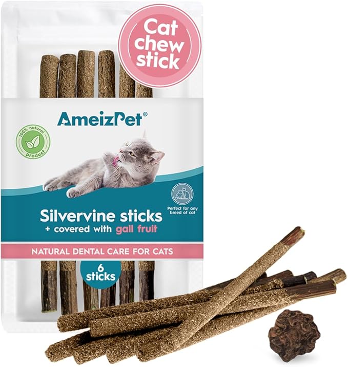 Silvervine Sticks for Cats, Chew Sticks Covered with Gall Fruit Dust - Natural Matatabi Cat Dental Care, Catnip Cat Teeth Cleaning, 6 Pcs-Mewly Pet