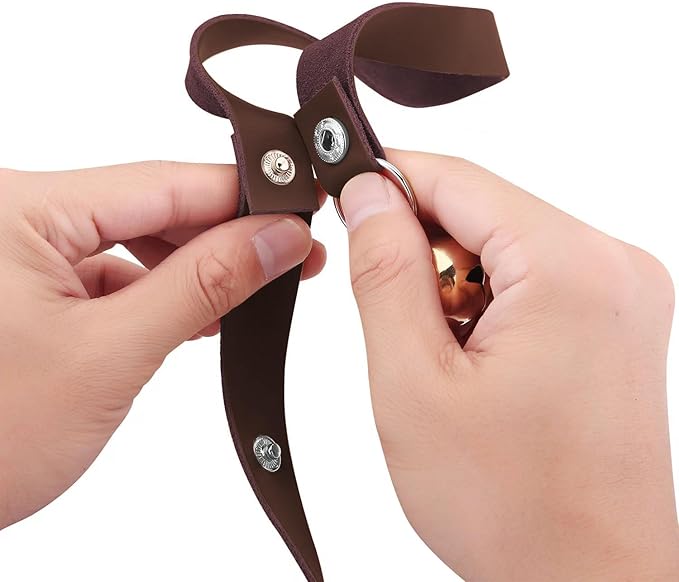 Leather Dog Doorbells for Door Knob/Potty Training/Go Outside, Length Adjustment Copper Dog Bell, Housetraining Hanging Bell, Dark Brown Leather Golden Bells-Mewly Pet