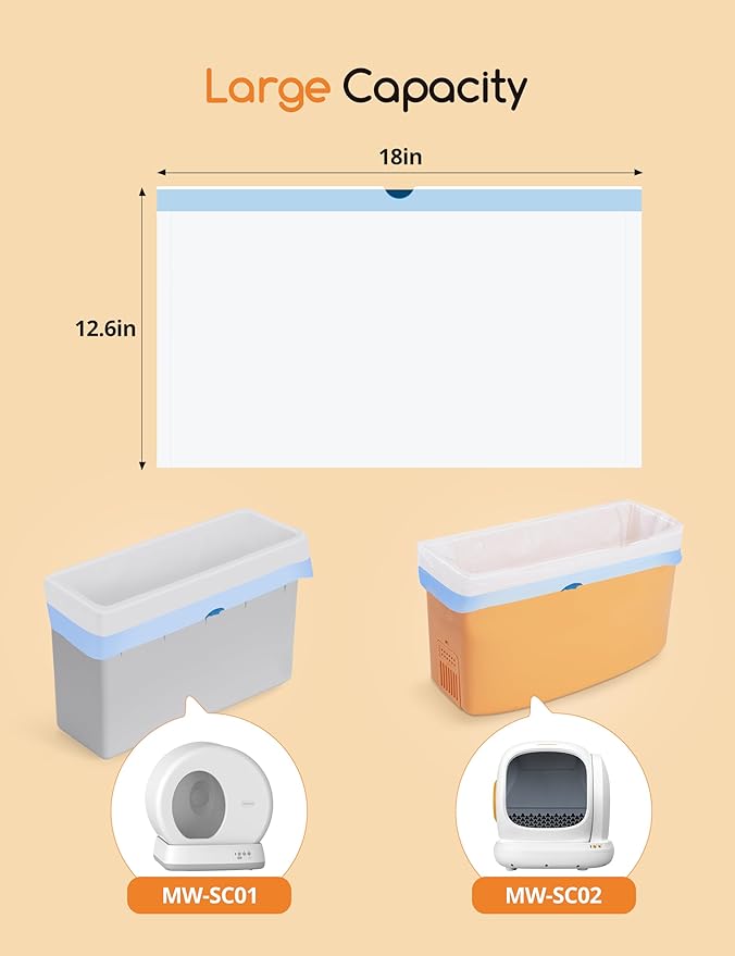 MeoWant Cat Litter Box Liner - 60PCS Heavy Duty Drawstring Trash Bags for MeoWant MW-SC01/MW-SC02 Automatic Self-Cleaning Boxes, Extra Thick Leakproof, 3 Rolls (20 Bags/Roll)-Mewly Pet