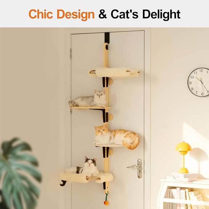 MEWOOFUN Cat Climbing Shelves Tree, 4-Levels Over Door Cat Climber for Jumping, Stable Cat Stairs Hammock for Kittens & Adult Cats (Wooden-65 H x 26.8” L x 13.8” W)-Mewly Pet