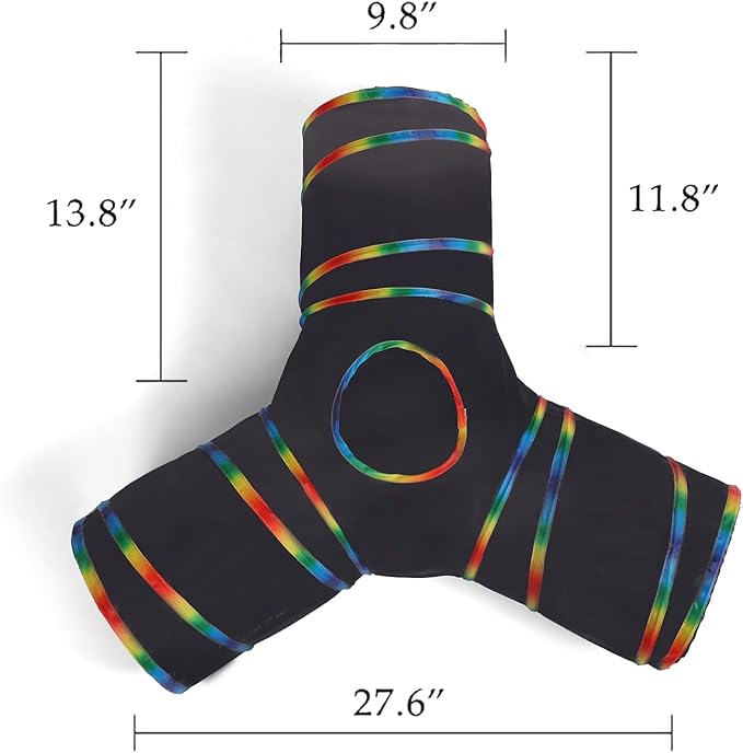 LUCKITTY Cat Tunnels Tube Toy with Plush Ball & Cat Wand Feather Toys-Portable Tattaff Waterproof Washable-Interesting Geometric Pattern Collapsible-3 Way Black Rainbow-Mewly Pet