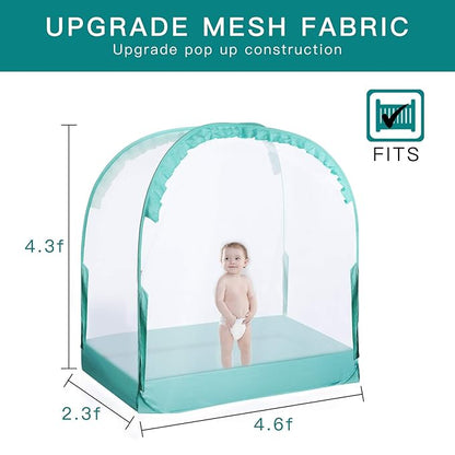 Crib Pop Up Tent Baby Safety Mesh Cover Mosquito Net Toddler Bed Canopy Netting Cover Protect Baby from Biting and Falling, Emerald, 51 x 51 x 27 Inch