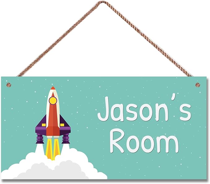 Personalized Rocket Sign For Boys Bedroom Aerospace Themed For Kids Room Door Decor,Custom Name Blue Sky Wall Decor Decorative Plate for Nursery Girls Room