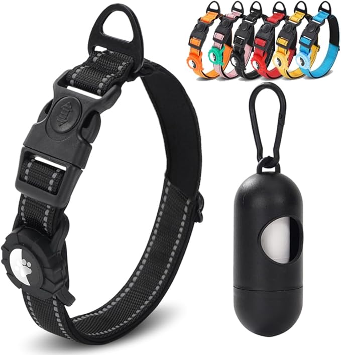JSXD AirTag Dog Collar, Night Reflective Nylon Dog Collar for Small Medium Large Dogs,Lockable Quick Release Buckle,Padded Breathable Pet Collar with AirTag Holder (Black, Small)-Mewly Pet