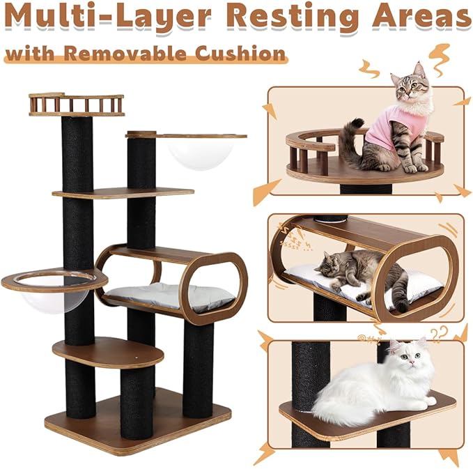 63'' Modern Cat Tree, Black Cat Tower with Scratching Post, Wooden Cat Tree for Indoor Cats Large Adult, Luxury Cat Furniture, Heavy Duty Activity Center with Transparent Bowl and Semi-Closed Condo-Mewly Pet