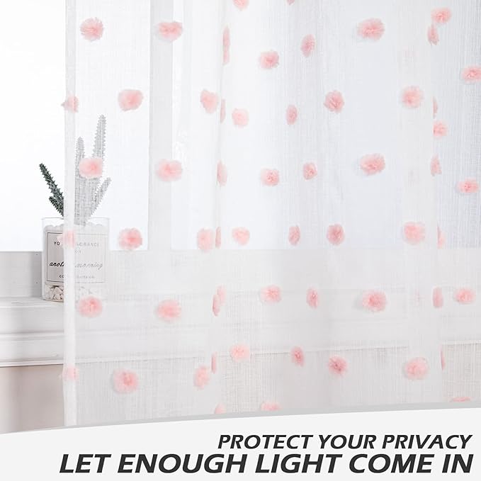 MYSKY HOME Short Pink Pom Pom Sheer Curtains - 54 Inch Long, 52" x 54", Rod Pocket, 2 Panels, Small Window, Kitchen, Bathroom, Nursery, Boys, Kids Room
