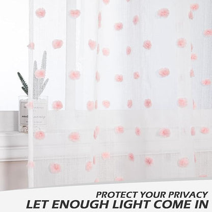 MYSKY HOME Pink Curtains for Girls Bedroom Nursery Pom Pom Curains for Girls Kids Room 63 Inch Long White Sheer Curtains for Dining Room Playroom Rod Pocket Window 38" x 63" 2 Pieces