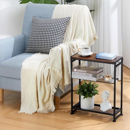 Small Side Table for Small Spaces - Slim End Table with Magazine Holder - 2 in 1 Design Narrow End Table Living Room - Skinny Bedside Table Nightstand Bedroom Thin Side Table, Cherry