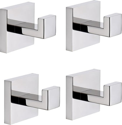 TASTOS Bath Towel Hooks Polished Chrome, 4 Pack Stainless Steel Robe Coat and Clothes Hook, Heavy Duty Wall Hook for Bathroom & Kitchen, Modern Square Style Wall Mounted