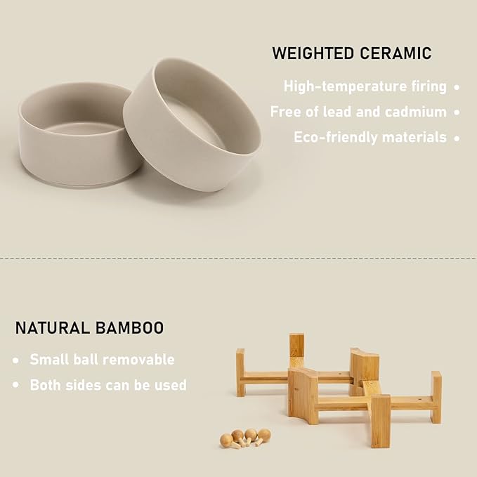 SPUNKYJUNKY 15° Slanted Ceramic Dog and Cat Bowl with Wooden Stand, Tilted Bulldog Food and Water Bowl No Slip Non-Spill for Cats Medium Dogs Big Face Pets 28.7 OZ (3.6 Cups, Grey × 2)-Mewly Pet