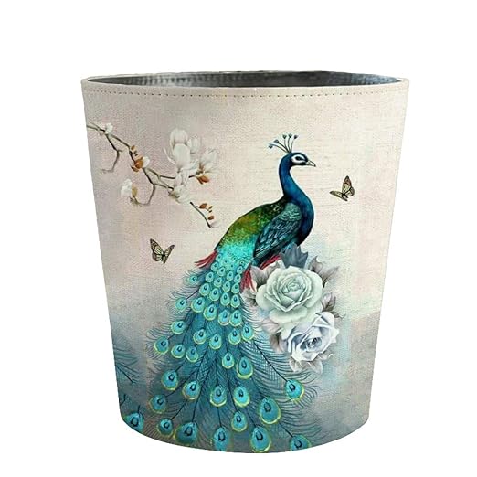 10L/2.64 Gallon PU Leather Trash Can Peacock Decorative Waterproof Wastebasket Paper Basket Garbage Bin for Home Office Bathroom, Peacock Pattern