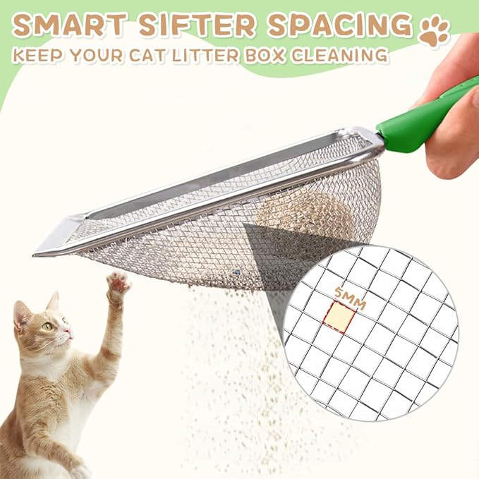 Cat Litter Scoop,Sturdy Litter Cleaner Corner Shovel,Stainless Steel Mesh Litter Shovel,Easy to Clean Reptile Terrarium Sand Waste,Beach Shovel(Green)-Mewly Pet