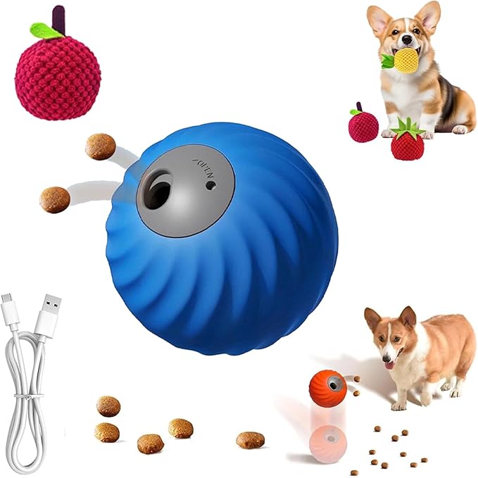 Zoomie Buddy 2.0, Zoomie Buddy for Dogs, 2 in 1 Smart Touch Interactive Dog Balls ＆ Pet Feeder, 2.83" Diameter, Suitable for Small/Medium Dogs, with Fruit Plush Cover (Blue, Bayberry)-Mewly Pet