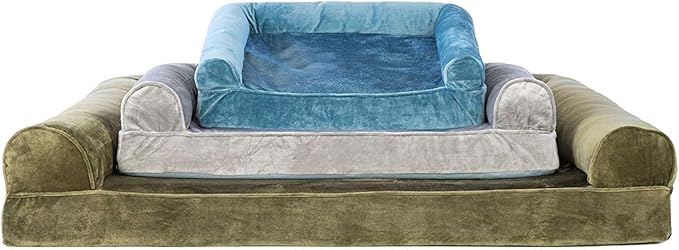 Furhaven Orthopedic Dog Bed for Large Dogs w/ Removable Bolsters & Washable Cover, For Dogs Up to 95 lbs - Faux Fur & Velvet Sofa - Harbor Blue, Jumbo/XL-Mewly Pet