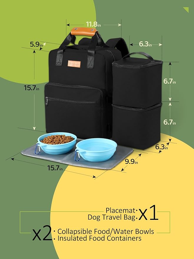 Dog Travel Bag, 25L Airline Approved Dog Travel Backpack for Pet Travel Accessories with 2 Food Storage Containers, 2 Foldable Bowls for Short Trips, Black-Mewly Pet