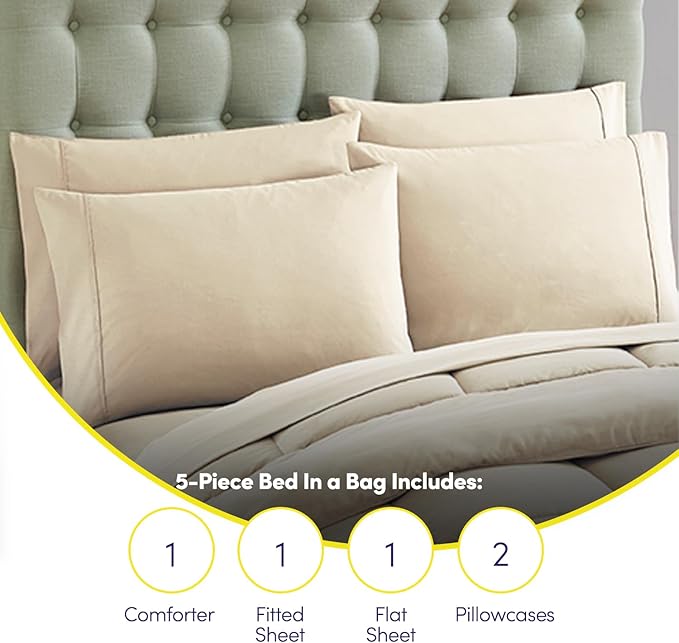 Sweet Home Collection 5 Piece Comforter Set Bag Solid Color All Season Soft Down Alternative Blanket & Luxurious Microfiber Bed Sheets, Beige, Twin XL