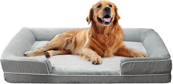 Dog Beds for Large Sized Dogs,Washable Orthopedic Memory Foam Dog Couch Sofa Bed with Bolster,Removable Cover,42x30Inch,Grey-Mewly Pet