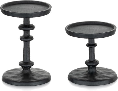 NUPTIO Pillar Candle Holder Black: Solid Cast Iron Candle Stand for 3 Inch Pillars - Vintage Sturdy Metal Candleholder for Halloween Christmas Fireplace Mantle Decor
