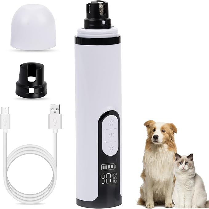 Pet Nail Grinder for Dogs and Cats - Super Quiet and Low Vibration Electric Dog Nail Grinder with 2 LED Lights - USB Rechargeable and Cordless - 3 Speeds - Small to Large Pets (White)-Mewly Pet