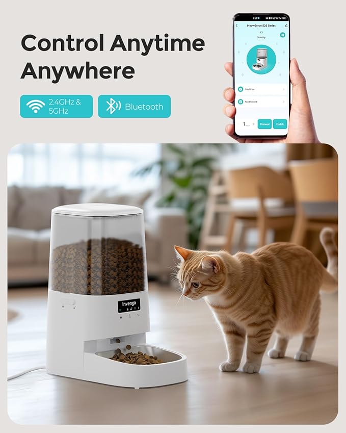 Cat Feeder Automatic - Cat Food Dispenser MeowServe S20, Auto Dog Feeder with Stainless Steel Bowl, 5L Pet Feeder with Patented Anti-Jam Port, App, Dual Lock Lid, Dual-Band WiFi & Power, White-Mewly Pet