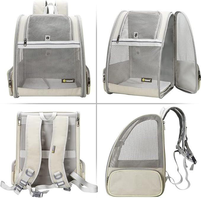 Texsens Pet Backpack Carrier for Small Cats Dogs | Ventilated Design, Safety Straps, Buckle Support, Collapsible | Designed for Travel, Hiking & Outdoor Use (Creamy White)-Mewly Pet