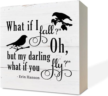 Inspirational Wood Signs, Wooden Box Sign Desk Decor, Table Art Signs, Nursery Decor, Kids Bedroom Decor, Rustic Farmhouse Decor for Shelf, What If I Fall Oh But Darling What If You Fly