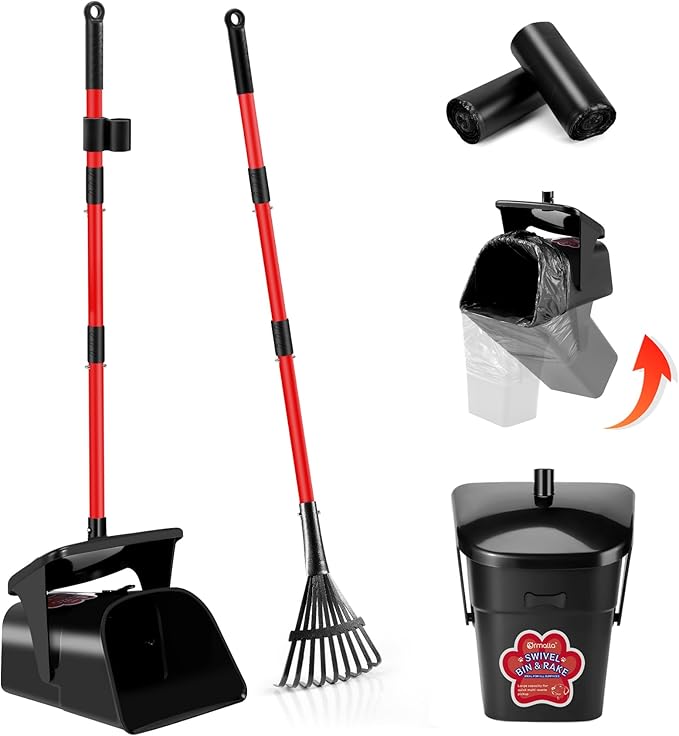 Pooper Scooper Swivel Bin and Rake with 60 Waste Bags, Heavy Duty Dog Poop Scooper for Large Medium Small Dogs, Long Stainless Steel Handle Use on Yard, Grass, Dirt or Gravel-Mewly Pet