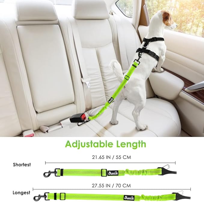 SlowTon Dog Seat Belt, Adjustable Dog Safety Belt Leash, 2 in 1 Latch Bar Attachment Dog Car Seatbelt with Elastic Nylon Bungee Buffer, Reflective Nylon Belt Tether (Lime)-Mewly Pet