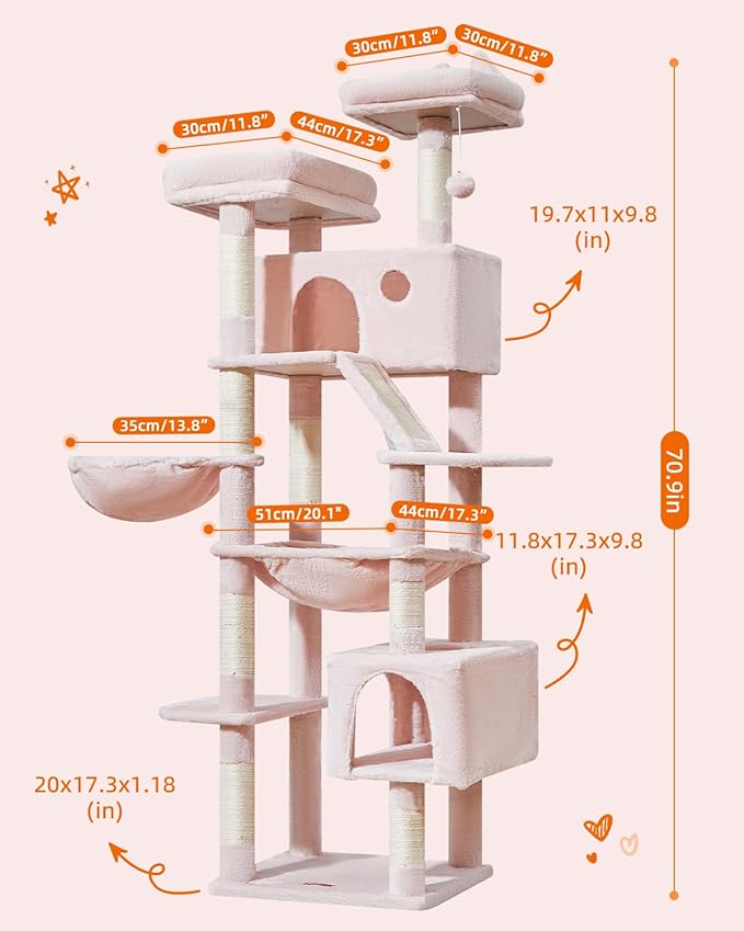 Taoqimiao Cat Tree 71-Inch, Cat Tower for Indoor Cats Large Adult, Multi-Level Large Cat Condo, 8 Sisal Scratching Posts, Metal Frame Cozy Hammock, Scratch Board, 2 Top Perches, Jelly Pink MS026LP-Mewly Pet