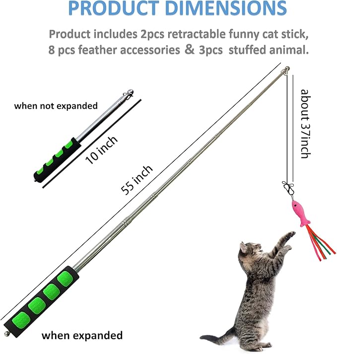2pcs Retractable Wand Toys, Cat Fishing Rod with 11 Pcs Feather Refills for Indoor & Outdoor Cats-Mewly Pet