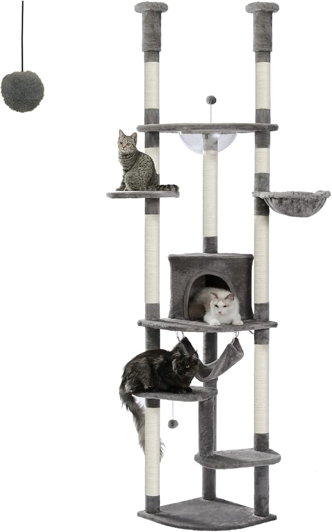 PEQULTI Floor to Ceiling Cat Tree 92.9’’-101.6’’ Height Adjustable Cat Tower Tall Kitty Climbing Play House with Scratching Posts, Cozy Condo, Perches and Large Hammock for Indoor Cats Gray-Mewly Pet