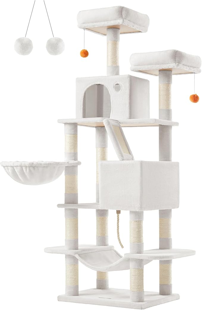 Feandrea Cat Tree, 66.1-Inch Large Cat Tower with 13 Scratching Posts, 2 Perches, 2 Caves, Basket, Hammock, Pompoms, Multi-Level Plush Cat Condo for Indoor Cats, Cream White UPCT165T01-Mewly Pet