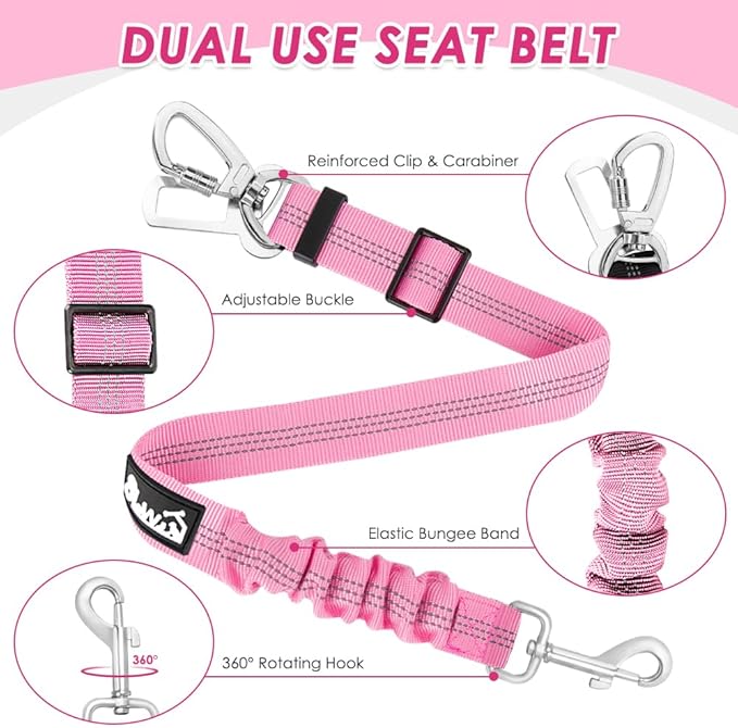 Lukovee Dog Seat Belt for Car, Adjustable Dog Car Harness for Large Medium Small Dogs, Soft Padded & Breathable Mesh Dog Seatbelt with Car Strap and Carabiner(Pink Double Clip,Small)-Mewly Pet