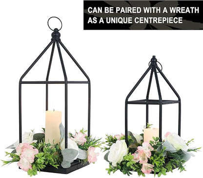 DECORKEY Luxury Lantern Decorative Outdoor&Indoor, Set of 2 (18’’&14’’) Black Metal Lanterns Decor, Vintage Hanging Candle Holder for Home Porch Wedding Centerpiece,Halloween Christmas Decorations