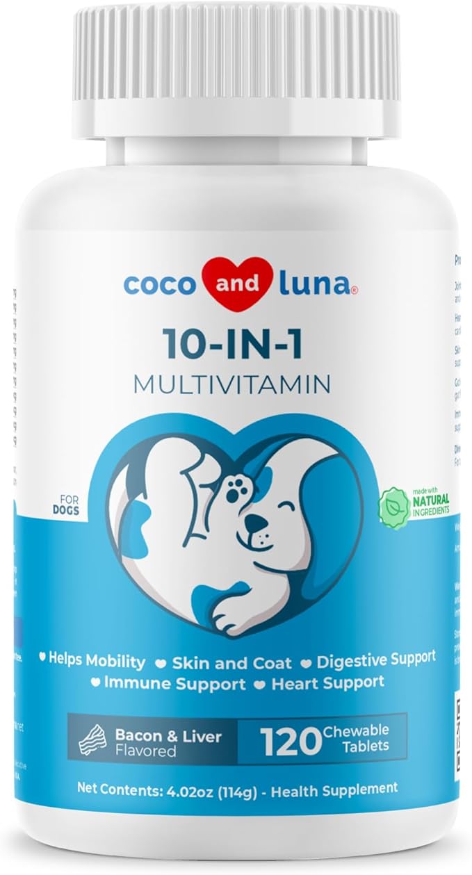 10 in 1 Multivitamin for Dogs - 120 Chewable Tablets with Glucosamine and Chondroitin - Fish Oil & Vitamins with Coq10 for Skin & Heart Health, Gut & Immune Support-Mewly Pet