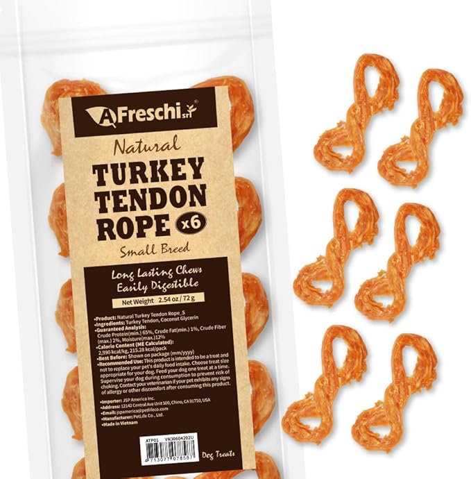 Afreschi Turkey Tendon Rope (S) 6 Pieces per Pack, USA-Sourced Turkey Tendon, All Natural Human Grade Puppy Chew, Hypoallergenic, Rawhide Alternative, Dog Treats for Small Breeds-Mewly Pet