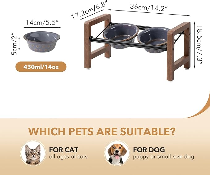 5.5inch Ceramic Adjustable Raised Double Bowls Set with Stand, 3 Heights Elevated, 2 Placement Options, Food and Water Dishes for Puppy, Cats（Double Bowls+Stand, Reactived Glaze -Grey-Mewly Pet