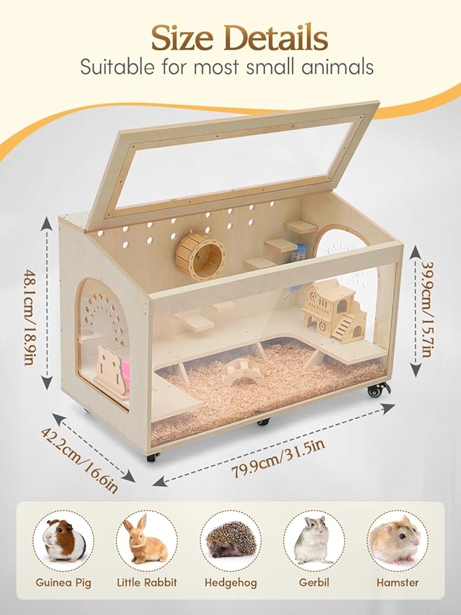 Hamster Cage Large 32 inch Guinea Pig Cages Hamster Cages Enclosure and Habitats Mice Rat Cage with Platform Openable Top Acrylic Sheets Wooden Chewproof Small Animal Cage for Hedgehog Mouse Gerbil-Mewly Pet