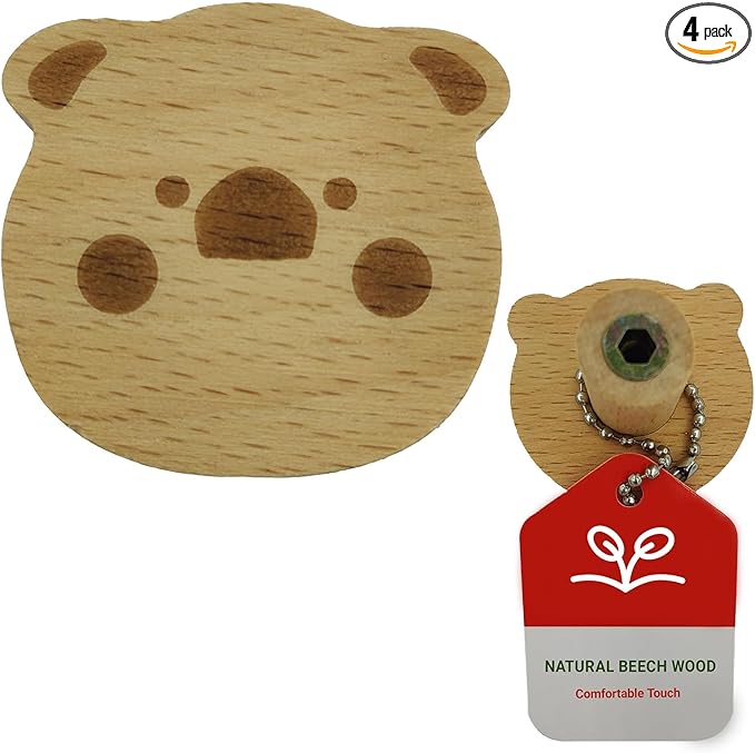 4PCS Wooden Pig Shaped Cabinet Knobs, Cabinet Handles, Single Hole Beech Wood Handles, Wood Hooks with Full Set of Screw Accessories