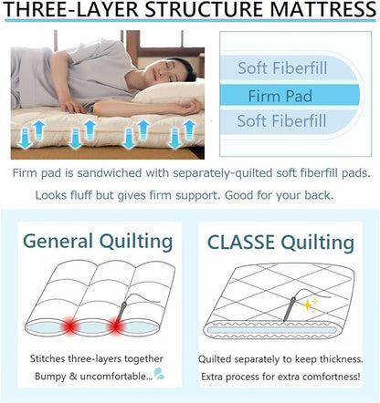 EMOOR Japanese Futon Mattress CLASSE Queen Made in Japan White, Foldable Floor Sleeping Bed Tatami Mat