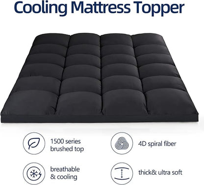 Mattress Topper California King for Back Pain, Extra Thick Mattress Pad Cover, Plush Pillow Top, Deep Elastic Pocket, Black