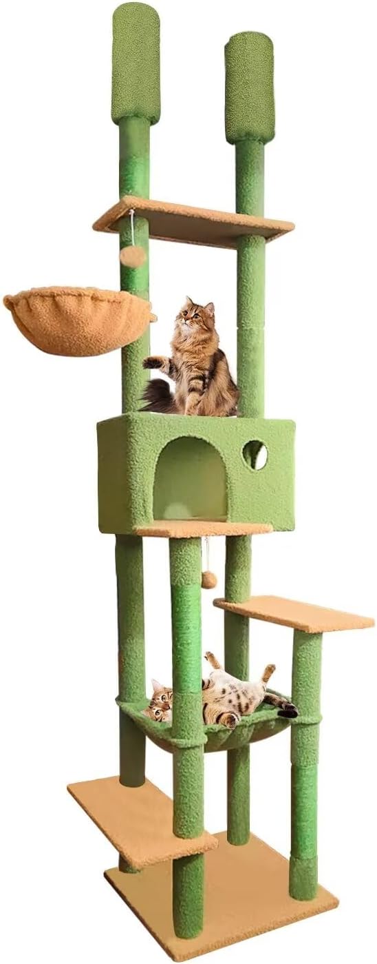 96.5"-108" Cat Tree Floor to Ceiling 7-Tier Cat Tower Adjustable Height with Scratching Posts, Cozy Hammock, Cat Condo for Indoor Cats(Green)-Mewly Pet