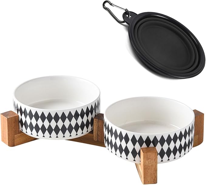 Petygooing Ceramic Dog Cat Bowl Set with Stand, Pet Food and Water Dishes,Small Dog Bowls Anti-Slip Set of 2 Cat Bowls-Pet Food Bowl- Pet Dish Small Medium Size Pet (28OZ/6.1 in) Black Rhombus-Mewly Pet